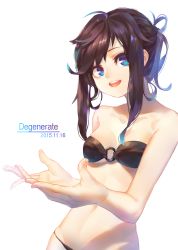 Rule 34 | 1girl, bare shoulders, bikini, black bikini, blue eyes, breasts, brown hair, collarbone, dated, highres, long hair, looking at viewer, o-ring, o-ring bikini, o-ring top, open mouth, ponytail, rukousou no hana, simple background, small breasts, smile, solo, swimsuit, white background