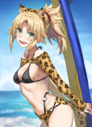 Rule 34 | 1girl, animal ears, animal print, bikini, black bikini, blonde hair, blue sky, blurry, blurry background, breasts, cloud, day, fake animal ears, fake tail, fangs, fate/apocrypha, fate (series), green eyes, highres, leopard ears, leopard print, leopard tail, looking at viewer, medium breasts, mordred (fate), navel, o-ring, open mouth, outdoors, ponytail, short hair, sky, smile, solo, swimsuit, tail, teeth, tonee