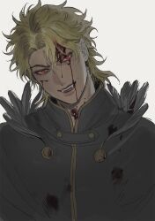 Rule 34 | 1boy, black coat, bleeding, bleeding from forehead, blonde hair, blood, blood in hair, blood on clothes, blood on face, bustersiri, coat, dio brando, ear birthmark, fangs, fangs out, feather trim, head tilt, highres, injury, jojo no kimyou na bouken, looking at viewer, male focus, open mouth, phantom blood, red eyes, simple background, smirk, solo, vampire, white background