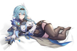 Rule 34 | 1girl, black gloves, black leotard, blue hair, breasts, cape, clothing cutout, covered navel, eula (genshin impact), garter straps, genshin impact, gloves, grey thighhighs, hair ornament, hairband, highres, juliet sleeves, leotard, long hair, long sleeves, looking at viewer, lying, medium breasts, necktie, no shoes, on side, parted lips, puffy sleeves, shoulder cutout, simple background, solo, thighhighs, thighs, vision (genshin impact), white background, yellow eyes, ziko