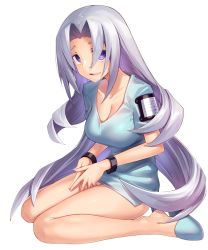 Rule 34 | 1girl, azure striker gunvolt, blue shirt, breasts, cleavage, collarbone, elise (gunvolt), grey hair, kei (soundcross), large breasts, long hair, looking at viewer, open mouth, parted bangs, purple eyes, sandals, shirt, simple background, sitting, smile, wariza, white background, wristband