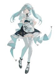 Rule 34 | 1girl, aco gbfg, apron, aqua hair, black footwear, closed mouth, faruzan (cafe) (genshin impact), faruzan (genshin impact), full body, genshin impact, green eyes, hair ornament, hand on own cheek, hand on own face, highres, long hair, looking at viewer, maid, maid apron, maid headdress, official alternate costume, one eye closed, puffy sleeves, simple background, smile, solo, thighhighs, twintails, white background, white thighhighs, x hair ornament