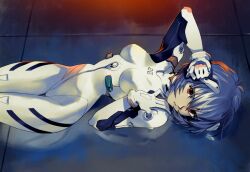 Rule 34 | 1girl, arm up, ayanami rei, blue hair, bodysuit, breasts, gloves, hand on own head, looking at viewer, lying, medium breasts, neon genesis evangelion, on back, optionaltypo, plugsuit, red eyes, short hair, solo, white bodysuit, white gloves