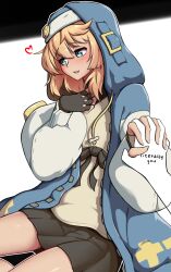 Rule 34 | 1boy, 1other, :d, absurdres, black skirt, blonde hair, blue eyes, blue jacket, bridget (guilty gear), commentary request, drawstring, dress, guilty gear, hand up, heart, highres, holding hands, hood, hooded jacket, jacket, long sleeves, medium hair, miniskirt, open mouth, puroppa, sitting, skirt, smile, solo focus, thighs, trap, white background, white dress