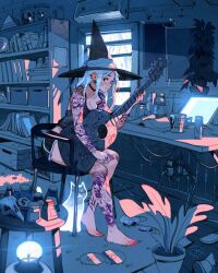 Rule 34 | 1girl, arm tattoo, bandaid, bandaid on face, barefoot, blue hair, book, box, can, cardboard box, cat, cd, copyright request, cup, earrings, ghost, guitar, hat, image sample, instrument, jewelry, leg tattoo, mug, plant, plug, potted plant, simz, skull, solo, tablet pc, tattoo, twitter sample, witch hat