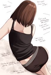 Rule 34 | 1girl, absurdres, alternate language, ass, bare shoulders, black camisole, black panties, brown hair, camisole, english text, facing away, feet out of frame, from behind, highres, kapatarou, long hair, lying, on side, original, panties, solo, underwear, underwear only, white background
