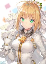 Rule 34 | 10s, 1girl, ahoge, belt, blonde hair, blush, bodysuit, breasts, chain, fate/extra, fate/extra ccc, fate (series), flower, gloves, gold, green eyes, hair flower, hair intakes, hair ornament, highres, lock, looking at viewer, medium breasts, momoko (momopoco), nero claudius (bride) (fate), nero claudius (fate), nero claudius (fate) (all), padlock, simple background, smile, solo, upper body, veil, white gloves, zipper
