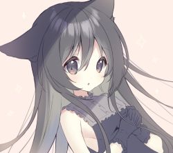 Rule 34 | 1girl, :o, animal ear fluff, animal ears, bare shoulders, black dress, black eyes, black gloves, black hair, blush, breasts, brown background, cat ears, commentary request, dress, gloves, hair between eyes, hoshizora tetsudou to shiro no tabi, long hair, looking at viewer, noir (hoshishiro), p19, parted lips, simple background, sleeveless, sleeveless dress, small breasts, solo, sparkle, upper body