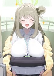 Rule 34 | 1girl, blue archive, blush, bra, breast rest, breasts, brown hair, closed eyes, collared shirt, door, facing viewer, green bra, hair bun, halo, highres, lanyard, large breasts, long hair, long sleeves, looking at viewer, nonomi (blue archive), open mouth, pov, see-through, see-through shirt, shirt, single side bun, solo focus, sparkle, sweat, underwear, upper body, wet, wet clothes, wet shirt, white shirt, xiujia yihuizi