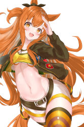 Rule 34 | 1girl, absurdres, animal ears, belt, black bow, blush, bomber jacket, bow, breasts, commentary request, cowboy shot, cropped shirt, dog tags, ear bow, green jacket, hair between eyes, harness, highres, horse ears, horse girl, horse tail, jacket, long sleeves, mayano top gun (umamusume), navel, open clothes, open jacket, open mouth, orange eyes, orange hair, salute, shirt, shorts, simple background, small breasts, smile, solo, striped clothes, striped shirt, tail, thighhighs, tsuyusora, two side up, umamusume, white background, white shorts