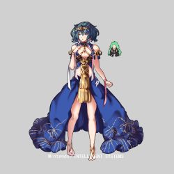 Rule 34 | 2girls, :3, barefoot sandals (jewelry), blue eyes, blue hair, braid, byleth (female) (fire emblem), byleth (fire emblem), byleth (fire emblem) (cosplay), cape, chibi, closed mouth, conope, cosplay, costume switch, fire emblem, fire emblem: three houses, full body, green hair, grey background, hair ornament, long hair, multiple girls, nintendo, side braid, simple background, sothis (fire emblem), sothis (fire emblem) (cosplay), tiara