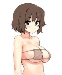 Rule 34 | 1girl, bikini, breasts, brown bikini, brown hair, character request, closed mouth, collarbone, copyright request, dot mouth, dot nose, eyepatch bikini, eyes visible through hair, green eyes, large breasts, looking to the side, medium hair, moru (monaka), short eyebrows, short hair, solo, string bikini, sweat, swimsuit, upper body, white background