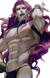 Rule 34 | 1boy, abs, blade, earrings, fangs, from below, hand on own hip, headband, jewelry, jojo no kimyou na bouken, kars (jojo), licking, loincloth, long hair, male focus, manly, muscular, pelvic curtain, purple hair, rae, solo, tongue, tongue out, unfinished, wristband
