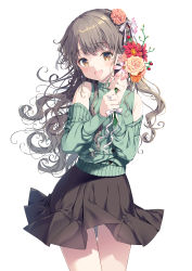 Rule 34 | 1girl, :d, absurdres, bare shoulders, black skirt, bouquet, brown eyes, brown hair, commentary request, flower, green shirt, green sweater, highres, holding, holding bouquet, long hair, long sleeves, mizuki yuuma, off-shoulder sweater, off shoulder, open mouth, orange flower, original, pink flower, pleated skirt, puffy long sleeves, puffy sleeves, red flower, shirt, simple background, skirt, sleeveless, sleeveless shirt, smile, solo, sweater, very long hair, white background