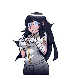 Rule 34 | 1girl, alternate eye color, alternate hair color, azazel (helltaker), azazel (helltaker) (cosplay), bandaged arm, bandages, bini (xocolatl 501), black hair, blue eyes, breasts, commentary request, cosplay, danganronpa (series), danganronpa 2: goodbye despair, gloves, halo, hands on own breasts, hands up, helltaker, jacket, large breasts, long hair, looking at viewer, mole, mole under eye, open mouth, pants, parody, short sleeves, simple background, single glove, solo, transparent background, tsumiki mikan, white background, white gloves, white jacket, white pants