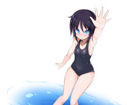 Rule 34 | 1girl, arm up, armpits, black hair, blue eyes, breasts, covered navel, gluteal fold, morino donguri, one-piece swimsuit, original, school swimsuit, short hair, small breasts, solo, swimsuit, thigh gap, thighs, wading, water