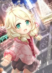 Rule 34 | 1girl, :d, blonde hair, blush, brown footwear, brown shirt, cardigan vest, commentary request, dutch angle, fur-trimmed sleeves, fur trim, green eyes, grey skirt, hair over shoulder, highres, idolmaster, idolmaster cinderella girls, jacket, long hair, looking at viewer, looking back, low twintails, open clothes, open jacket, open mouth, outstretched arm, pink jacket, pleated skirt, pointing, regular mow, shirt, shoe soles, shoes, skirt, smile, socks, solo, standing, standing on one leg, swept bangs, twintails, white socks, yusa kozue