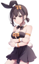 Rule 34 | 1girl, alternate costume, animal ears, arm under breasts, bare shoulders, black leotard, bow, bowtie, breast hold, breasts, brown hair, check commentary, cleavage, commentary, commentary request, crossed arms, detached collar, dress, fake animal ears, highres, hinata mizuiro, leotard, looking at viewer, medium breasts, project sekai, rabbit ears, rabbit tail, shinonome ena, solo, strapless, tail, wrist cuffs
