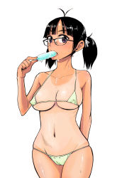 Rule 34 | 1girl, ahoge, antenna hair, arm behind back, bad id, bad pixiv id, bikini, black hair, breasts, cameltoe, covered erect nipples, cowboy shot, eating, face, fang, food, glasses, green bikini, groin, hair ribbon, highres, large breasts, looking at viewer, messy, one-piece tan, oomori harusame, popsicle, purple eyes, ribbon, ribs, short twintails, simple background, skindentation, solo, standing, sweat, swimsuit, tan, tanline, tupet, twintails, white background