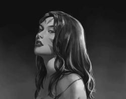 Rule 34 | 1girl, facial mark, gradient background, grey background, greyscale, kai&#039;sa, league of legends, long hair, looking at viewer, monochrome, portrait, qinhuaiyu (sihouette), solo
