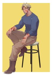 Rule 34 | 1boy, alternate costume, beowulf (fate), blonde hair, boots, casual, chair, facial hair, fate/grand order, fate (series), full body, highres, looking at viewer, male focus, pants, parted bangs, pectorals, red eyes, scar, sitting, smile, solo, tattoo, yamakazi47