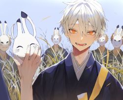 Rule 34 | 5boys, blue kimono, blue sky, brown hair, commentary request, grass, hair between eyes, highres, japanese clothes, kimono, looking at viewer, male focus, mask, multiple boys, open mouth, orange eyes, original, rabbit mask, sakusya2honda, short hair, sky, smile, tall grass, teeth, upper body, white hair