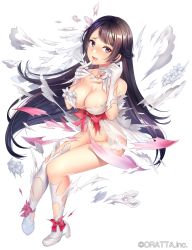 Rule 34 | 1girl, bare shoulders, black hair, bow, bow choker, braid, breasts, choker, cleavage, collarbone, dress, elbow gloves, finger to mouth, flower, french braid, gloves, hands up, highres, holding, kitazume kumie, large breasts, long hair, original, parted lips, pink flower, purple eyes, quill, red ribbon, ribbon, sash, sitting, solo, thighhighs, very long hair, white bow, white thighhighs