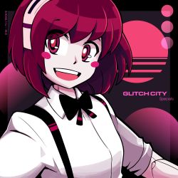 Rule 34 | 1girl, album cover, artist request, blush stickers, bow, bowtie, cover, dorothy haze, english text, facing viewer, highres, joints, looking at viewer, parody, pink eyes, pink hair, real life, robot joints, short hair, solo, sunset, suspenders, sweetest music, synthwave, takeuchi mariya, va-11 hall-a