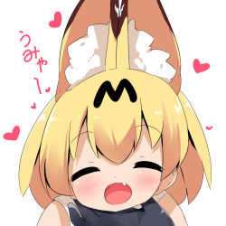 Rule 34 | 10s, 1girl, :d, animal ears, blonde hair, blouse, blush, check translation, closed eyes, facing viewer, fang, hair between eyes, hand on another&#039;s chin, heart, highres, kemono friends, makuran, open mouth, partially translated, scratching chin, serval (kemono friends), shirt, simple background, sleeveless, sleeveless shirt, smile, solo focus, stroking another&#039;s chin, translation request, white background, white shirt
