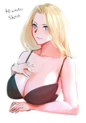 Rule 34 | 1girl, black bra, blonde hair, blue eyes, blush, bra, breasts, closed mouth, commentary, english commentary, english text, hand up, hayabusa, heterochromia, highres, long hair, looking at viewer, mole, mole on breast, mole under eye, original, purple eyes, simple background, sketch, solo, underwear, underwear only, upper body, white background
