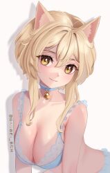 Rule 34 | 1girl, animal ears, baobei (baobei bu), blonde hair, bra, bra pull, breasts, cat ears, cleavage, clothes pull, fangs, genshin impact, highres, jewelry, large breasts, lingerie, looking at viewer, lumine (genshin impact), necklace, non-web source, smile, solo, underwear, yellow eyes