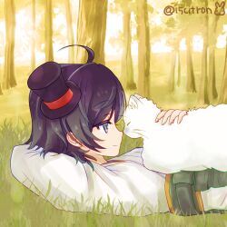 Rule 34 | 15citron, 1girl, ahoge, black hair, cat, commentary request, eye contact, grass, green hakama, hakama, hat, japanese clothes, kantai collection, looking at another, lying, matsukaze (kancolle), meiji schoolgirl uniform, mini hat, mini top hat, on back, one-hour drawing challenge, short hair, smile, swept bangs, top hat, wavy hair, white cat