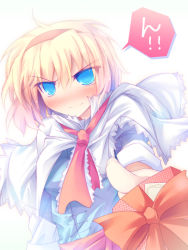 Rule 34 | 1girl, ai takurou, alice margatroid, ascot, blonde hair, blue eyes, blush, capelet, female focus, frown, gift, hairband, holding, holding gift, incoming gift, looking at viewer, no nose, short hair, solo, touhou, tsundere