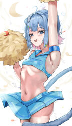 1girl absurdres ahoge arm_strap arm_up blue_eyes blue_hair blue_skirt blush breasts cheerleader colored_inner_hair commentary_request confetti crop_top fang hair_ornament hand_up highres holding holding_pom_poms indie_virtual_youtuber kanzarin_(vtuber) koutannkoburia looking_at_viewer miniskirt multicolored_hair navel open_mouth pink_hair pleated_skirt pom_pom_(cheerleading) pom_poms shirt short_hair sidelocks skin_fang skirt sleeveless sleeveless_shirt small_breasts smile solo stomach sweat tail virtual_youtuber