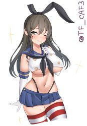 Rule 34 | 1girl, absurdres, ashigara (kancolle), black hairband, black neckerchief, black panties, blue sailor collar, blue skirt, blush, breasts, brown eyes, brown hair, cosplay, crop top, elbow gloves, gloves, hairband, highleg, highleg panties, highres, kantai collection, large breasts, long hair, looking at viewer, microskirt, navel, neckerchief, one eye closed, panties, sailor collar, shimakaze (kancolle), shimakaze (kancolle) (cosplay), skirt, solo, striped clothes, striped thighhighs, tf cafe, thighhighs, underwear, wavy hair, white gloves