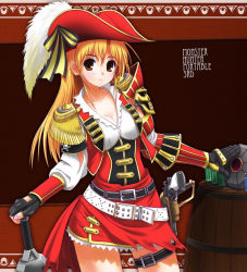 Rule 34 | 1girl, belt, black nails, blonde hair, blush, breasts, capcom, cleavage, copyright name, epaulettes, fingerless gloves, gloves, hat, long hair, looking at viewer, monster hunter, monster hunter (series), monster hunter portable 3rd, nail polish, pink nails, pirate hat, red eyes, solo, yi