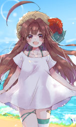 Rule 34 | 1girl, ahoge, bandaid, bandaid on leg, beach, blue sky, brown eyes, brown hair, cloud, cowboy shot, day, dress, fang, flower, hair flower, hair ornament, hat, huge ahoge, kantai collection, kuma (kancolle), long hair, mito (go!go!king!), open mouth, outdoors, skin fang, skirt hold, sky, smile, solo, straw hat, sun hat, white dress