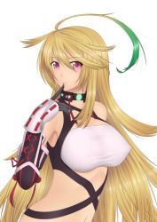 Rule 34 | 1girl, ahoge, bandeau, bare shoulders, black gloves, blonde hair, blush, breasts, clothes lift, covered erect nipples, dyed ahoge, female focus, finger to mouth, gauntlets, gloves, gradient hair, green hair, hair between eyes, halterneck, highres, kai (link2262), large breasts, lips, long hair, long image, looking at viewer, milla maxwell, multicolored hair, navel, parted lips, purple eyes, shirt, shirt lift, simple background, solo, strapless, streaked hair, swept bangs, tales of (series), tales of xillia, tall image, taut clothes, taut shirt, tube top, two-tone hair, upper body, very long hair, white background