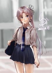 Rule 34 | 1girl, ahoge, akitsushima (kancolle), alternate costume, artist logo, back, blue neckerchief, blue skirt, commentary request, cowboy shot, dated, dress shirt, grey hair, highres, kantai collection, ld (luna dial398), long hair, looking at viewer, neckerchief, one-hour drawing challenge, pleated skirt, purple eyes, school uniform, shirt, side ponytail, sidelocks, skirt, sleeves rolled up, solo, standing, white shirt