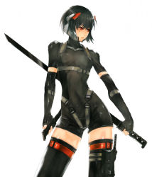 Rule 34 | 1girl, black hair, bodysuit, elbow gloves, female focus, fingerless gloves, ghost in the shell, gloves, headgear, katana, kusanagi motoko, metal gear (series), metal gear solid 4: guns of the patriots, military, nidy, red eyes, short hair, simple background, skin tight, solo, strap, sword, thighhighs, third-party edit, weapon, white background, zettai ryouiki