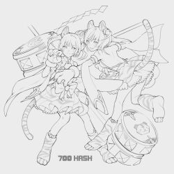 Rule 34 | 2girls, 700hash, animal ears, animal hands, artist name, backless outfit, bai (granblue fantasy), bare back, bow, center opening, chinese zodiac, claw pose, claws, closed mouth, commentary, detached sleeves, dress, dress bow, english commentary, full body, gloves, granblue fantasy, grey background, highres, huang (granblue fantasy), lineart, long sleeves, looking at viewer, looking back, mallet, mandarin collar, multiple girls, new year, open mouth, paw gloves, paw shoes, shide, short dress, short hair, simple background, smile, standing, tail, tail raised, tiger ears, tiger tail, twintails, wide sleeves, year of the tiger
