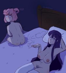 Rule 34 | 2girls, ass, bed, belly, breasts, closed mouth, doki doki literature club, eyebrows, highres, large breasts, long hair, matching hair/eyes, multiple girls, natsuki (doki doki literature club), nipples, pillow, pink eyes, pink hair, pubic hair, purple hair, pussy, ruined for marriage, short hair, smoking, stomach, thighhighs, uncensored, yuri, yuri (doki doki literature club)