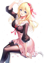 Rule 34 | 1girl, :d, arm up, black hairband, black pantyhose, black shirt, blonde hair, blouse, blue eyes, bow, breasts, cleavage, commentary request, from side, hair between eyes, hair bow, hairband, high-waist skirt, highres, long hair, long sleeves, looking at viewer, medium breasts, open mouth, original, pantyhose, pink skirt, puffy long sleeves, puffy sleeves, red bow, ririko (zhuoyandesailaer), saegusa futaba, sailor collar, shirt, short eyebrows, simple background, sitting, skirt, smile, solo, teeth, thick eyebrows, tiara, upper teeth only, white background, white sailor collar