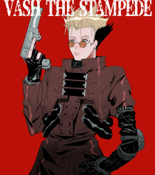 Rule 34 | 1boy, agl arms .45 long colt, aqua eyes, black gloves, blonde hair, break-action revolver, character name, closed mouth, coat, earrings, elbow gloves, glasses, gloves, gun, hand on own hip, handgun, highres, holding, holding gun, holding weapon, jewelry, long coat, low bore axis revolver, male focus, partially fingerless gloves, red background, red coat, revolver, solo, spiked hair, sunglasses, trigun, upper body, vash the stampede, weapon, xi hsi