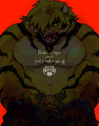 Rule 34 | 1boy, animal ears, bara, blackcatlandr, blonde hair, blood, blood on face, english text, fangs, fangs out, furry, furry male, green eyes, highres, large pectorals, loincloth, macan (housamo), male focus, muscular, muscular male, navel, nipples, pectorals, red background, short hair, solo, thick eyebrows, tiger boy, tiger ears, tokyo houkago summoners, topless male, upper body, yellow fur