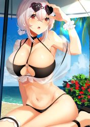 Rule 34 | 1girl, absurdres, alternate costume, azur lane, beach, bikini, black bikini, breasts, choker, collarbone, commentary request, crossed bangs, day, eyes visible through hair, eyewear on head, frilled cuffs, hair between eyes, hand up, heart, heart-shaped eyewear, highres, large breasts, looking at viewer, navel, o-ring, o-ring top, open mouth, outdoors, partial commentary, red eyes, see-through, short hair, sidelocks, sirius (azur lane), sirius (scorching-hot seirios) (azur lane), sitting, sky, solo, stomach, sunglasses, swimsuit, thigh strap, white hair, wrist cuffs, yamaha tsui