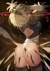 Rule 34 | 1girl, 2b (nier:automata), arched back, arms up, ass, back cutout, black dress, black gloves, black hairband, black thighhighs, blindfold, breasts, circle, clothing cutout, club3, cowboy shot, dress, from behind, gameplay mechanics, gloves, glowing, hairband, hands on own head, head back, highres, leotard, light particles, long sleeves, medium breasts, nier:automata, nier (series), no pants, open mouth, shiny skin, short hair, signature, silver hair, skindentation, skirt, spoilers, thighhighs, thighs, torn clothes, torn dress, torn skirt, white leotard