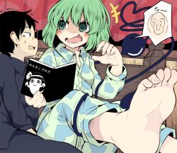 Rule 34 | &lt;o&gt; &lt;o&gt;, +++, 1boy, 1girl, alternate costume, barefoot, bed, black eyes, black hair, blush, book, bow, breasts, buttons, cleavage, commentary request, feet, ghost, green eyes, green hair, hat, hat bow, heart, heart of string, heart print, holding, holding book, komeiji koishi, lolimate, long sleeves, looking at another, no headwear, open mouth, parody, profile, scared, short hair, sitting, sleepwear, small breasts, soles, sweat, third eye, toes, touhou, translated, trembling