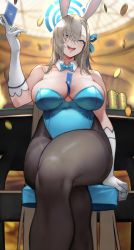 Rule 34 | 1girl, absurdres, animal ears, asuna (blue archive), asuna (bunny) (blue archive), bare shoulders, between breasts, blue archive, blue eyes, blue leotard, blush, bow, bowtie, breasts, card, cleavage, detached collar, fake animal ears, gloves, hair over one eye, highres, large breasts, leotard, light brown hair, long hair, looking at viewer, mole, mole on breast, open mouth, pantyhose, playboy bunny, playing card, rabbit ears, sitting, smile, solo, thick thighs, thighs, traditional bowtie, white gloves, yoshio (55level)