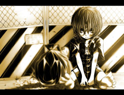 Rule 34 | 1girl, aged down, bad id, bad pixiv id, barefoot, chain-link fence, fence, letterboxed, lonely, looking at viewer, miyako yoshika, monochrome, no headwear, ofuda, ribbon, shika miso, short hair, sitting, skirt, solo, torn clothes, touhou, trash, trash bag